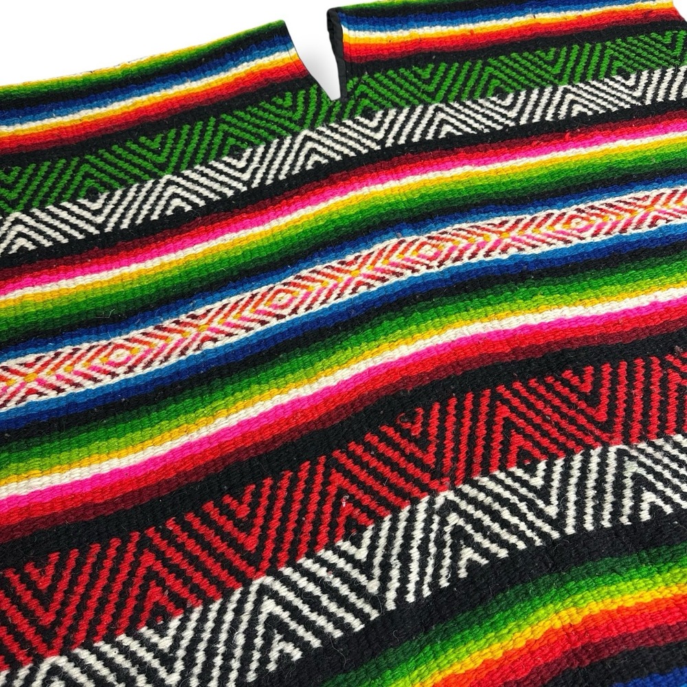 Vintage Mexican Serape Poncho Large Heavy  Textile Woven Wool 70x74‎ w/ Fringe - Picture 3 of 13